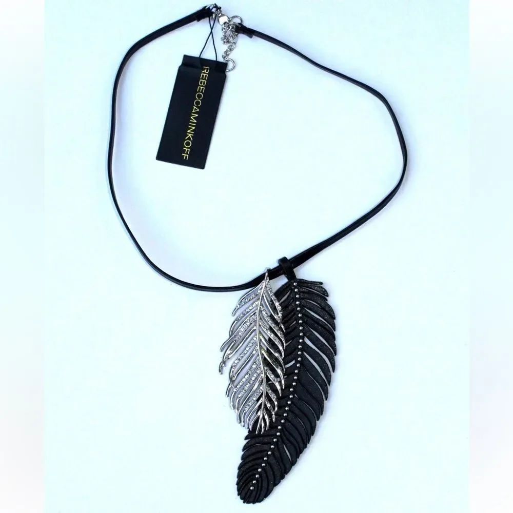 NEW Rebecca Minkoff Feather Silver Black Leather Eclectic Pendant Necklace